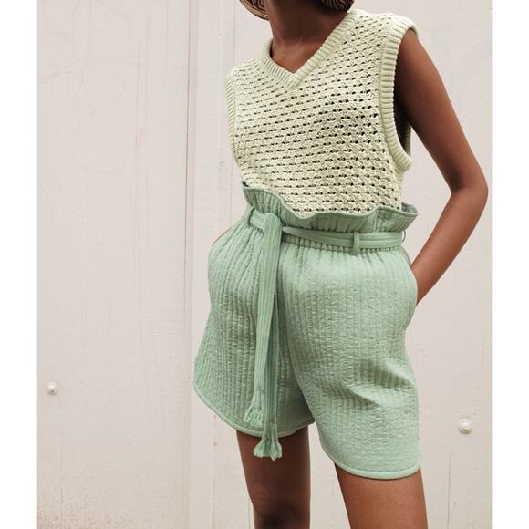 Samsoe Samsoe Ember Vineyard Green Textured Tie Paperbag Waist Shorts Size Small - Picture 3 of 14